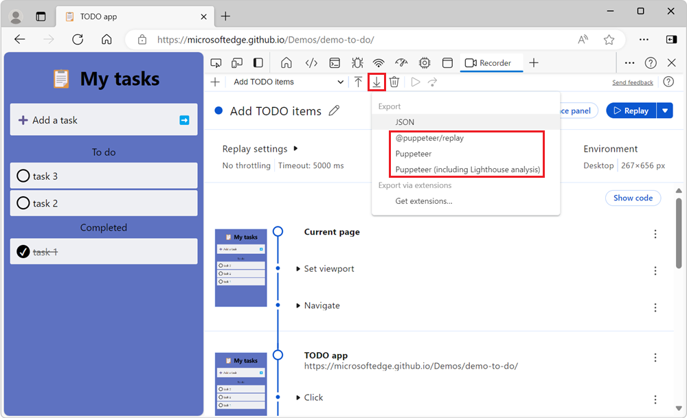 The Export button dropdown menu and the various test automation formats