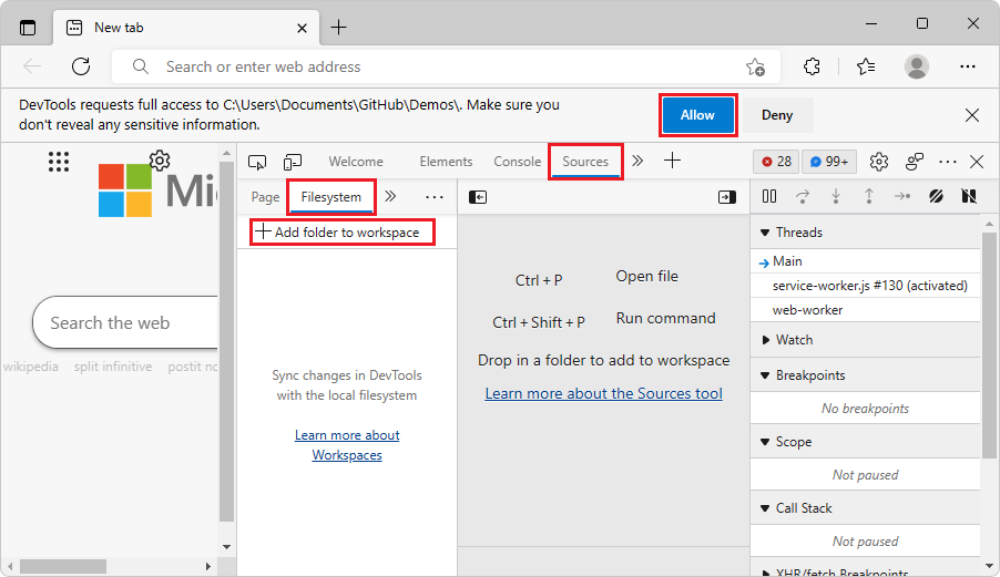DevTools requests access to add a folder to a workspace in the Filesystem tab