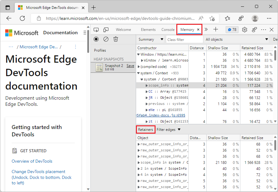 Retainers in the Memory tool for a large heap snapshot