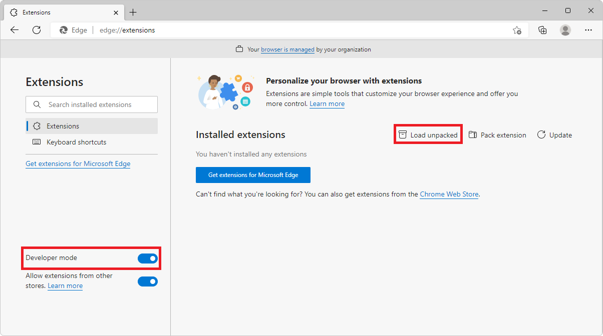 The edge://extensions page in Microsoft Edge, showing the Developer mode and Load unpacked buttons