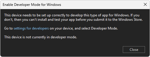 Dialog: Enable Developer Mode for Windows