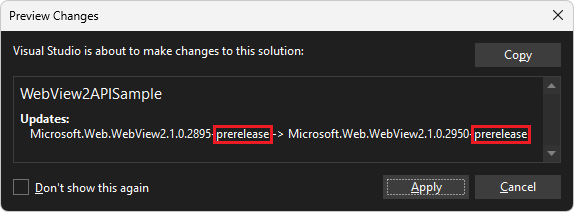 The Preview Changes dialog for the WebView2 NugGet package