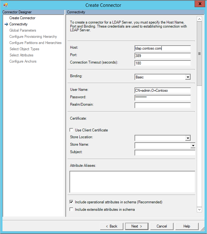 Pagina Connectiviteit van miM Sync-connectorconfiguratie