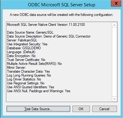 Schermopname van de configuratiedetails van de nieuwe O D B C-gegevensbron en een knop Gegevensbron testen.