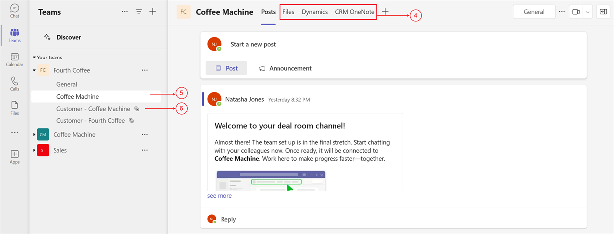 Schermopname van een dealroomteam in Microsoft Teams.