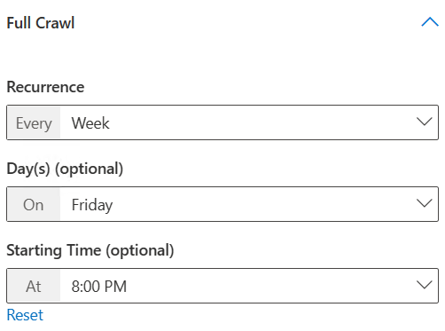 Screenshot that shows run full crawl every week on Friday at 8:00 PM.