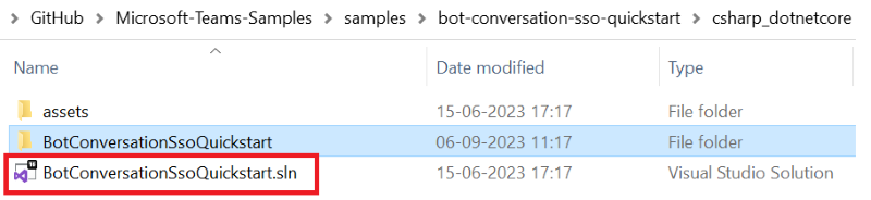 Screenshot of Project file with the file path and BotSSOCSharp.csproj file highlighted in red.