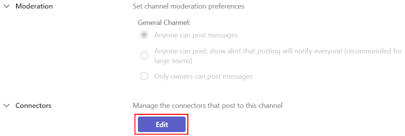 Screenshot shows the edit option under Connectors option to add an Incoming Webhook.