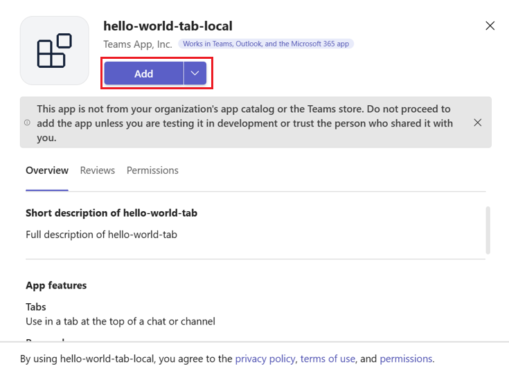 Screenshot of the app details dialog to install the tab app in Teams.