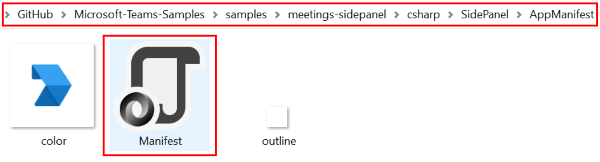 Screenshot of Teams App Manifest folder with the file path and manifest file highlighted in red.