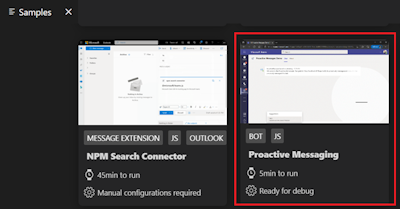 Screenshot shows the prebuilt Proactive Messaging bot sample in the list of samples.
