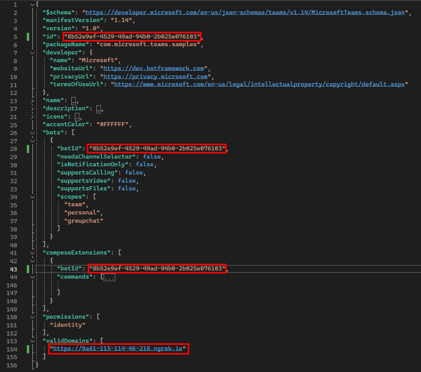 Screenshot of manifest page with the ID, bot ID, and Valid domains highlighted in red.