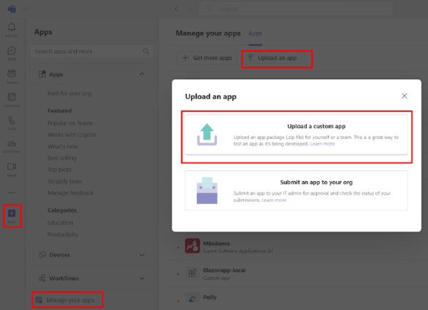Screenshot shows the selection of Upload a custom app highlighted in red.