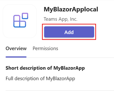 Screenshot of Teams displaying the Add option for adding Blazor app. The Add option highlighted in red.