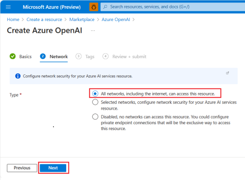 Screenshot shows the Azure open AI network details.