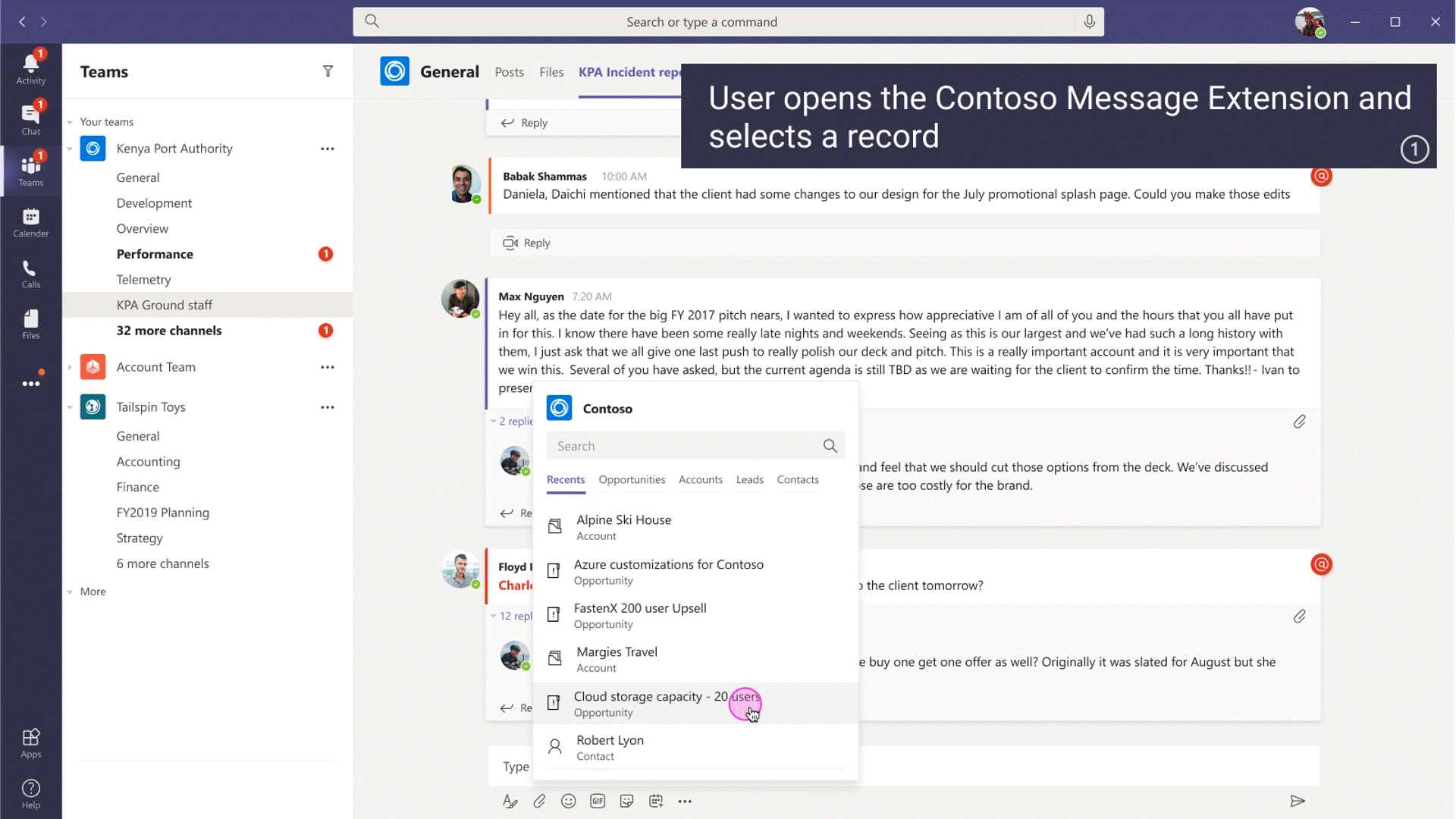 GIF shows the user flow for a dynamic message extension and JIT install.