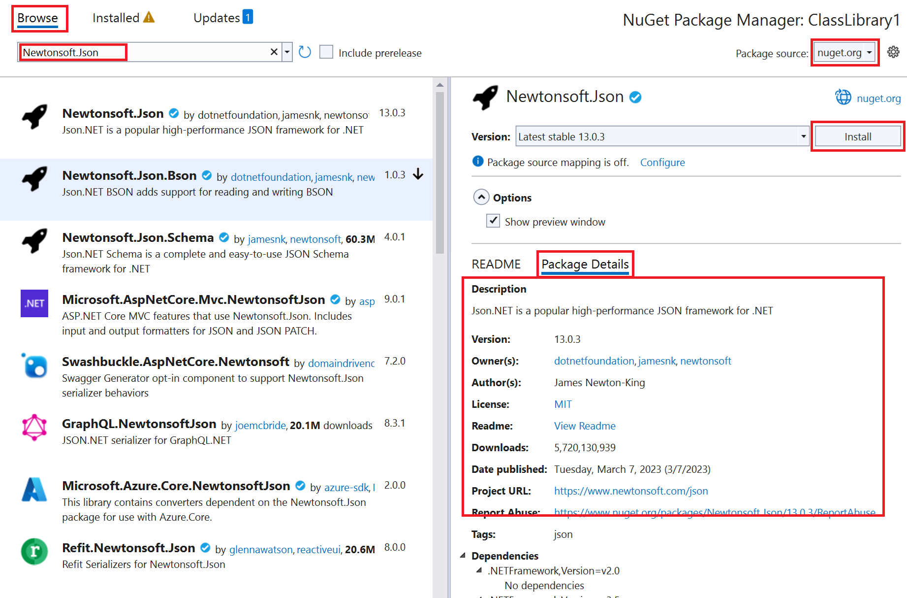 Schermopname van het venster NuGet Package Manager met het tabblad Bladeren, het detailvenster en het tabblad Pakketdetails geselecteerd.