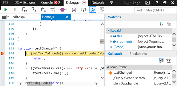 Debugger with results from the triggered breakpoint.