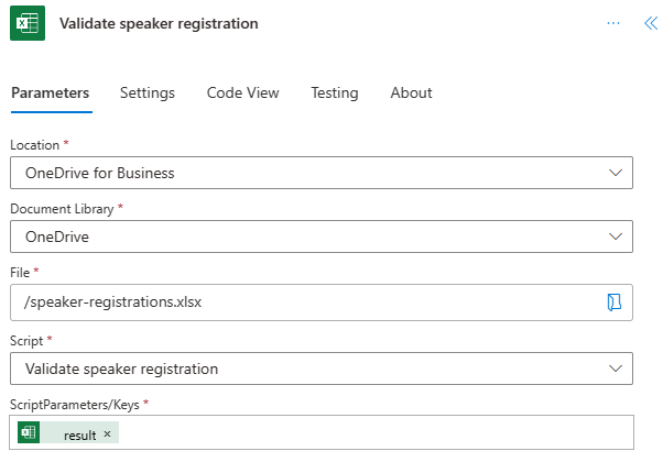 The completed Excel Online (Business) connector for the second script in Power Automate.