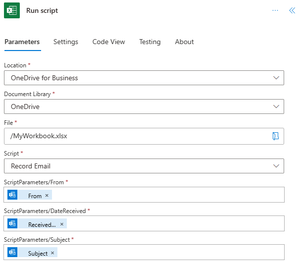 The Power Automate run script action showing the options that appear once the script is selected.