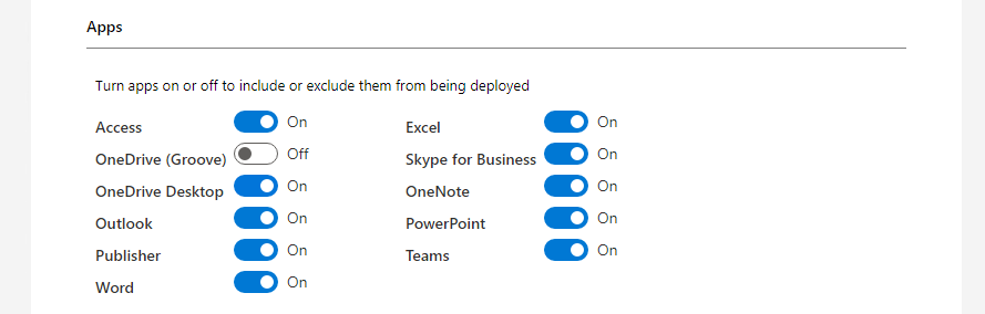 Screenshot of the configuration options in the Office Client installation wizard showing toggles to include or exclude apps such as Skype for Business, Outlook, and Excel from being deployed.