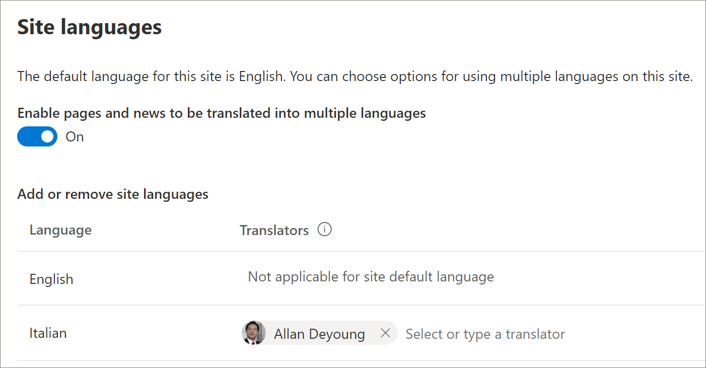 Sample site-languages screen.