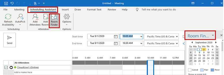 Schermopname van de functie Ruimte zoeken in de weergave Planningsassistent in Microsoft 365.