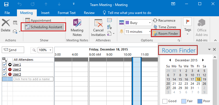 Schermopname van de functie Ruimte zoeken in de weergave Planningsassistent in Outlook 2016.