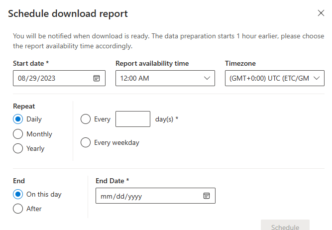 Schermopname van de sectie Downloads hub: Downloadrapport plannen.