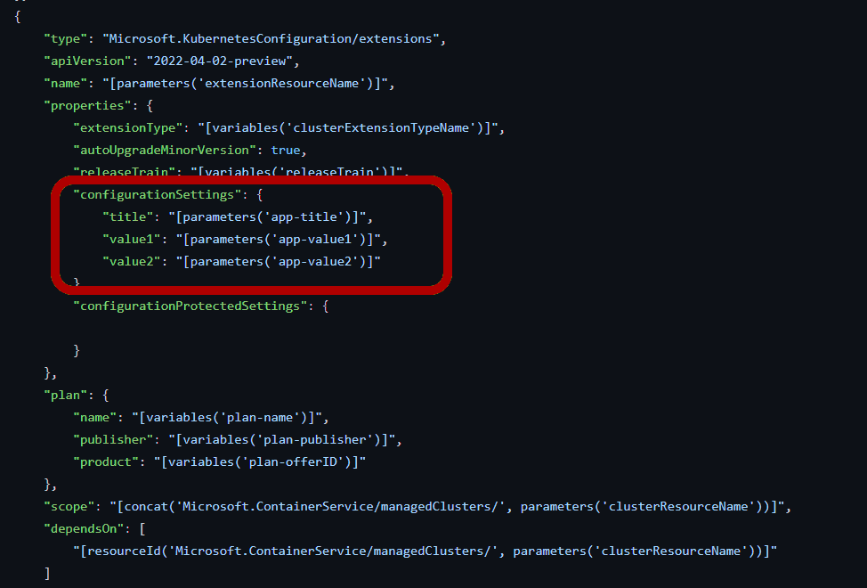 Een schermopname van het voorbeeld van de Azure Resource Manager-sjabloon die in dit artikel is gekoppeld. Onder 'configurationSettings' worden de parameters voor de toepassingstitel, 'value1' en 'value2' weergegeven.