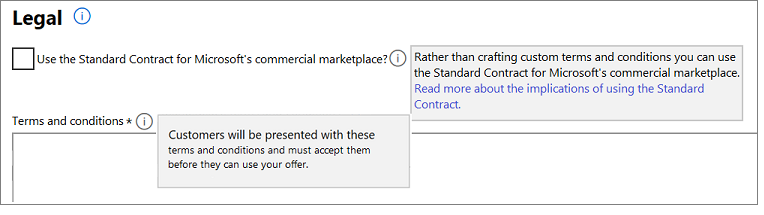 Toont het gebruik van het selectievakje Standaardcontract voor de commerciële marketplace van Microsoft.