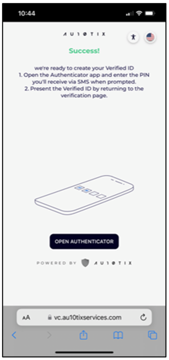 Schermopname van de pagina AU10TIX op een mobiel apparaat, met de tekst: Geslaagd! De knop: Open Authenticator wordt weergegeven.