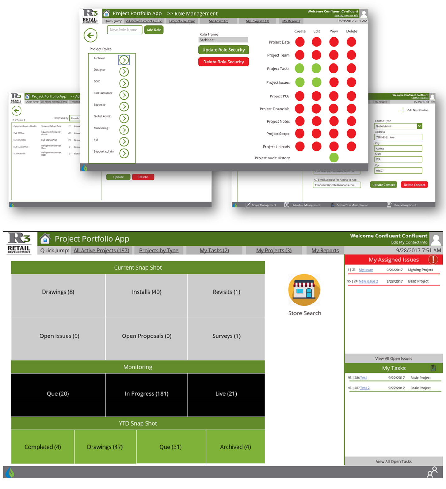 Schermopname van het R3-scherm voor rollenbeheer en het dashboard met belangrijke statistieken.