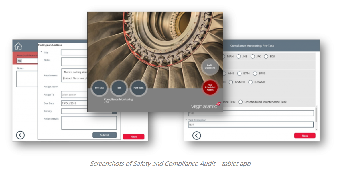 Schermopnamen van de app voor veiligheids- en compliance-controles van Virgin Atlantic.