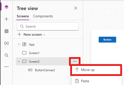 Schermafbeelding die laat zien hoe u uw schermen in de boomstructuur opnieuw kunt ordenen via het overloopmenu van een scherm.