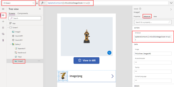 Een schermopname van een miniatuurafbeelding in een galerie in Microsoft Power Apps Studio, weergegeven met de bijbehorende eigenschap OnSelect.