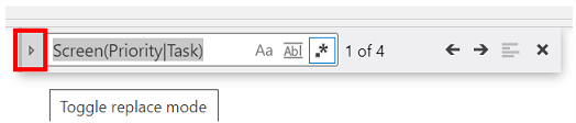 Het pictogram Vervangingsmodus in-/uitschakelen aan de linkerkant van het besturingselement Find and Replace, vóór de tekstinvoergebieden