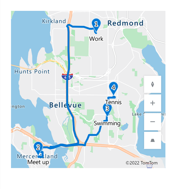 Een schermopname van een kaart met routes tussen vastgezette tussenpunten.