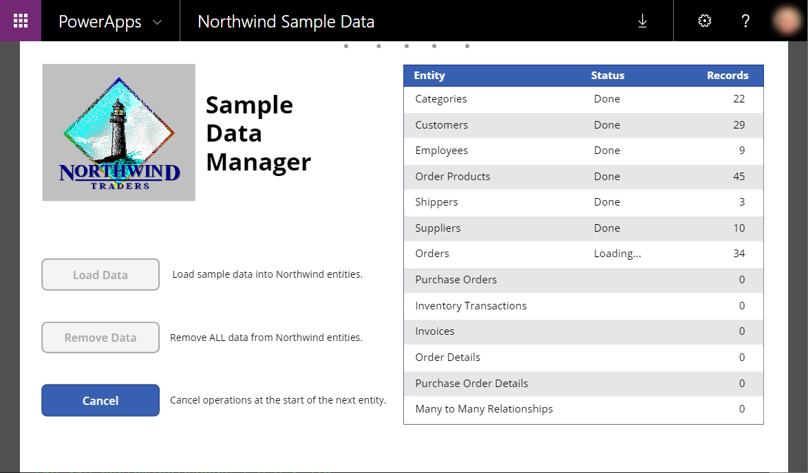 Sample Data Manager tijdens het laden van gegevens.