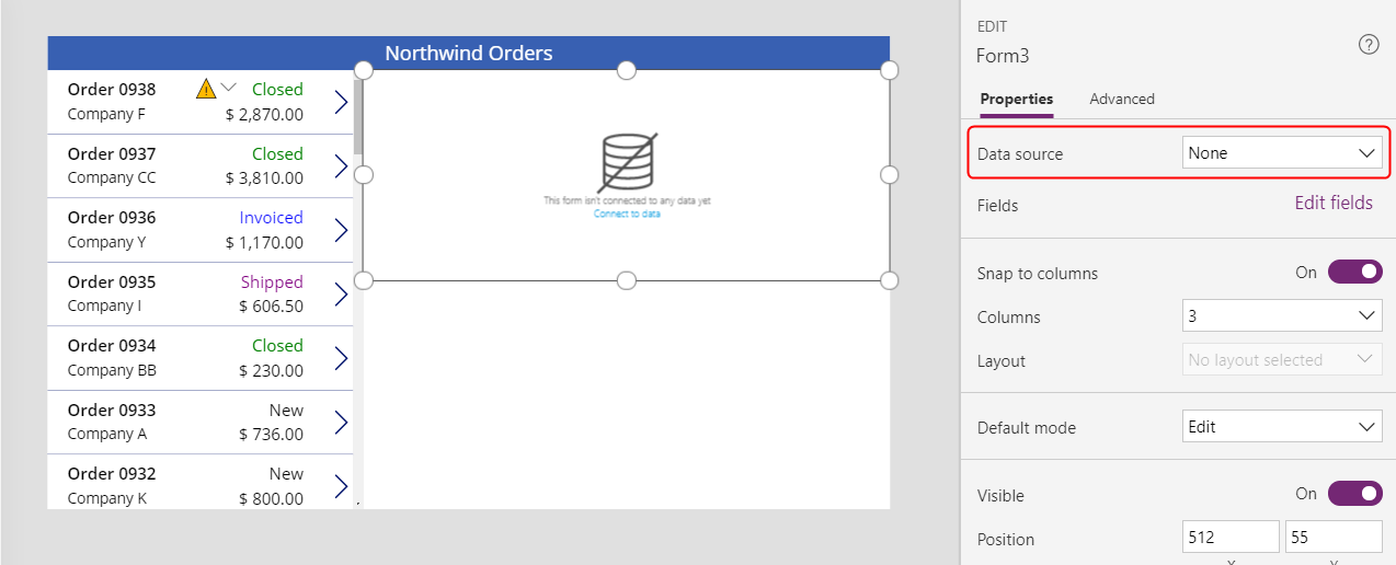 De eigenschap DataSource van het besturingselement Formulier bewerken instellen