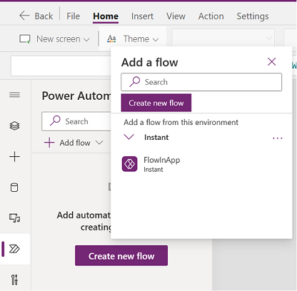 Een schermopname met de Power Automate-knop in het linkerdeelvenster met het dialoogvenster Stroom toevoegen geopend met de FlowInApp-stroom die beschikbaar is om aan de app toe te voegen.