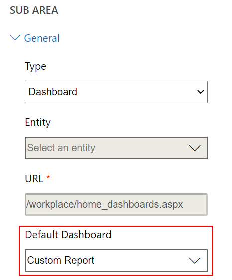 Eigenschap Standaarddashboard in een subgebied van siteoverzichtontwerper.