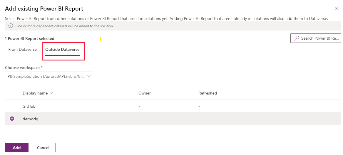 Schermafbeelding van het tabblad Buiten Dataverse voor het selecteren van een Power BI-item dat zich buiten de Dataverse bevindt.