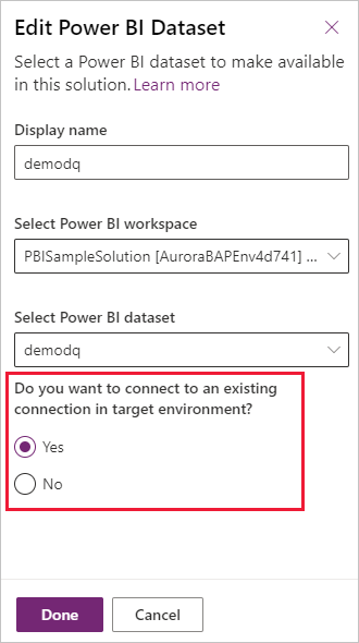 Schermafbeelding die laat zien hoe u automatisch een Power BI-onderdeel koppelt aan een bestaande verbinding in implementatieomgevingen.