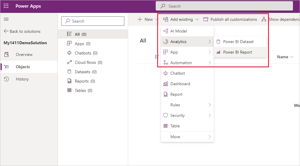 Schermopname van het menu Analyse toevoegen met Power BI-gegevenssetonderdeel en rapportopties.