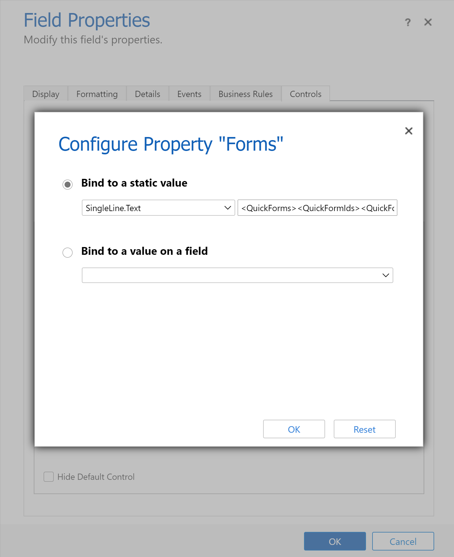 Configureer het besturingselement voor het formuliercomponent.