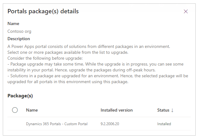 Details van de portalpakketten, zoals naam, versie en installatiestatus.