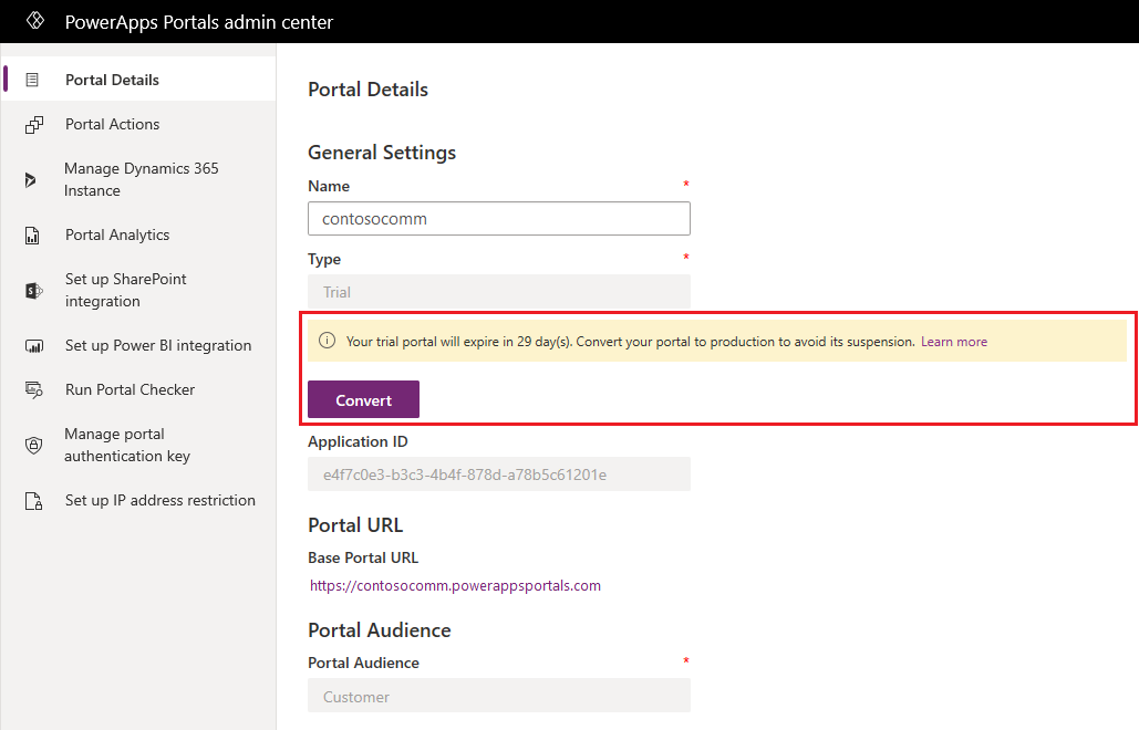 Melding over proefportal op het tabblad Portaldetails.