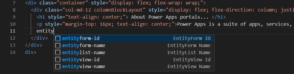 Fragment met een voorbeeld van het voltooien van Liquid-code voor entiteit.