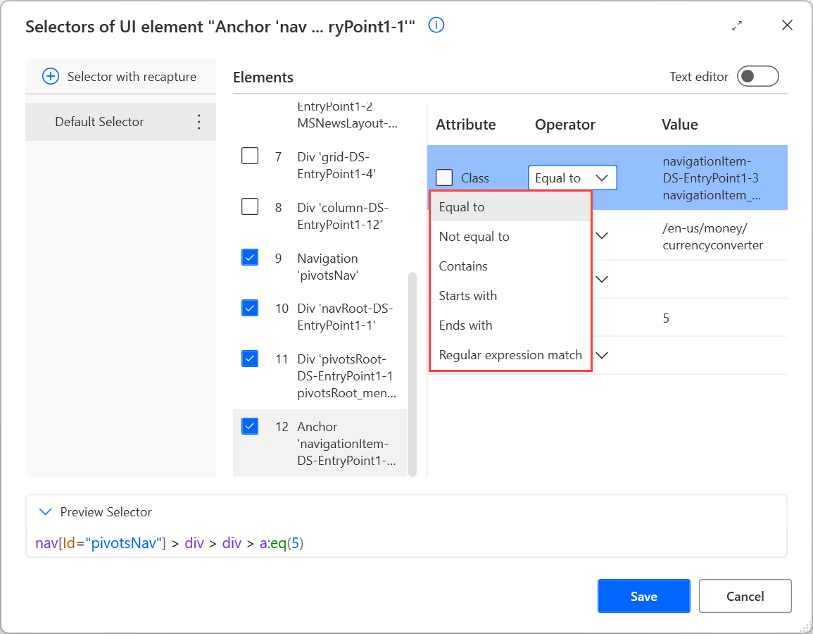 Schermopname van de beschikbare operators in de opbouwfunctie voor selectors.